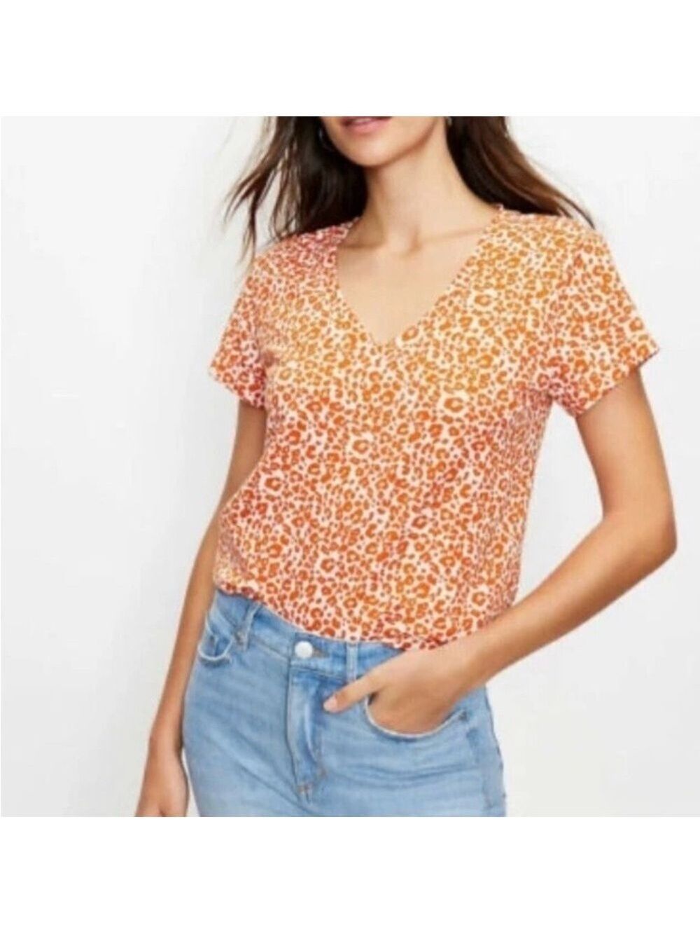 LOFT Vintage Soft Leopard Print Orange and White 100% Cotton V-Neck Tee